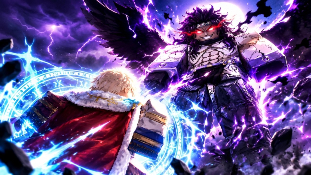 Beat the Anime Boss raid fight: a caped summoner facing a winged anime boss under purple lightning